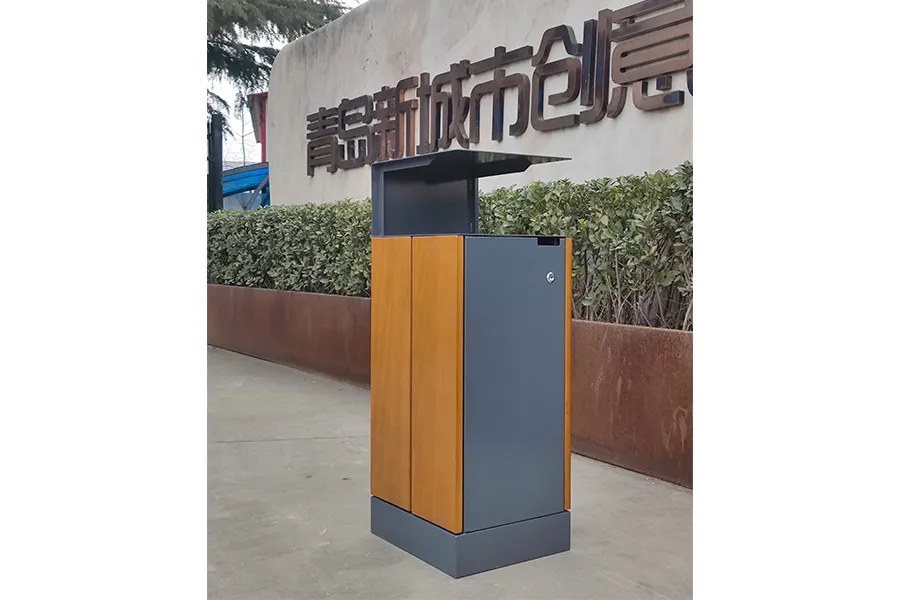 单桶户外垃圾箱,公园垃圾桶,钢木果皮箱,室外铁艺垃圾箱